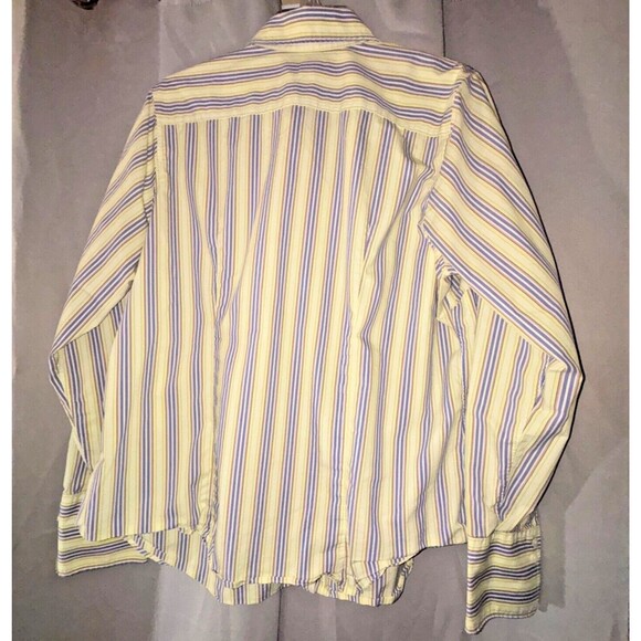 Lands End Women's Size 16 Yellow and Green Striped Long Sleeve Button Up Shirt - Picture 2 of 4